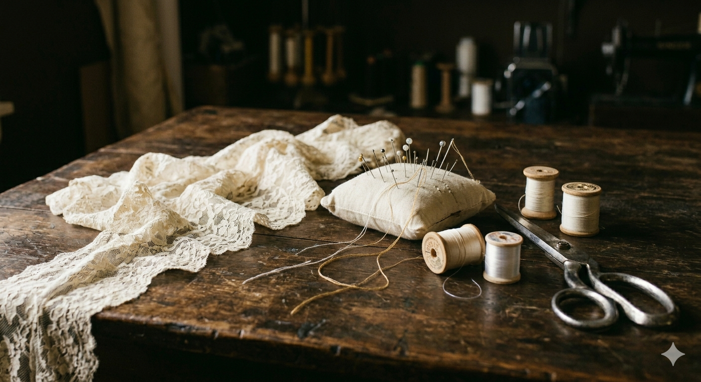 Sewing tools and lace fabric at Cherry's Bridal studio